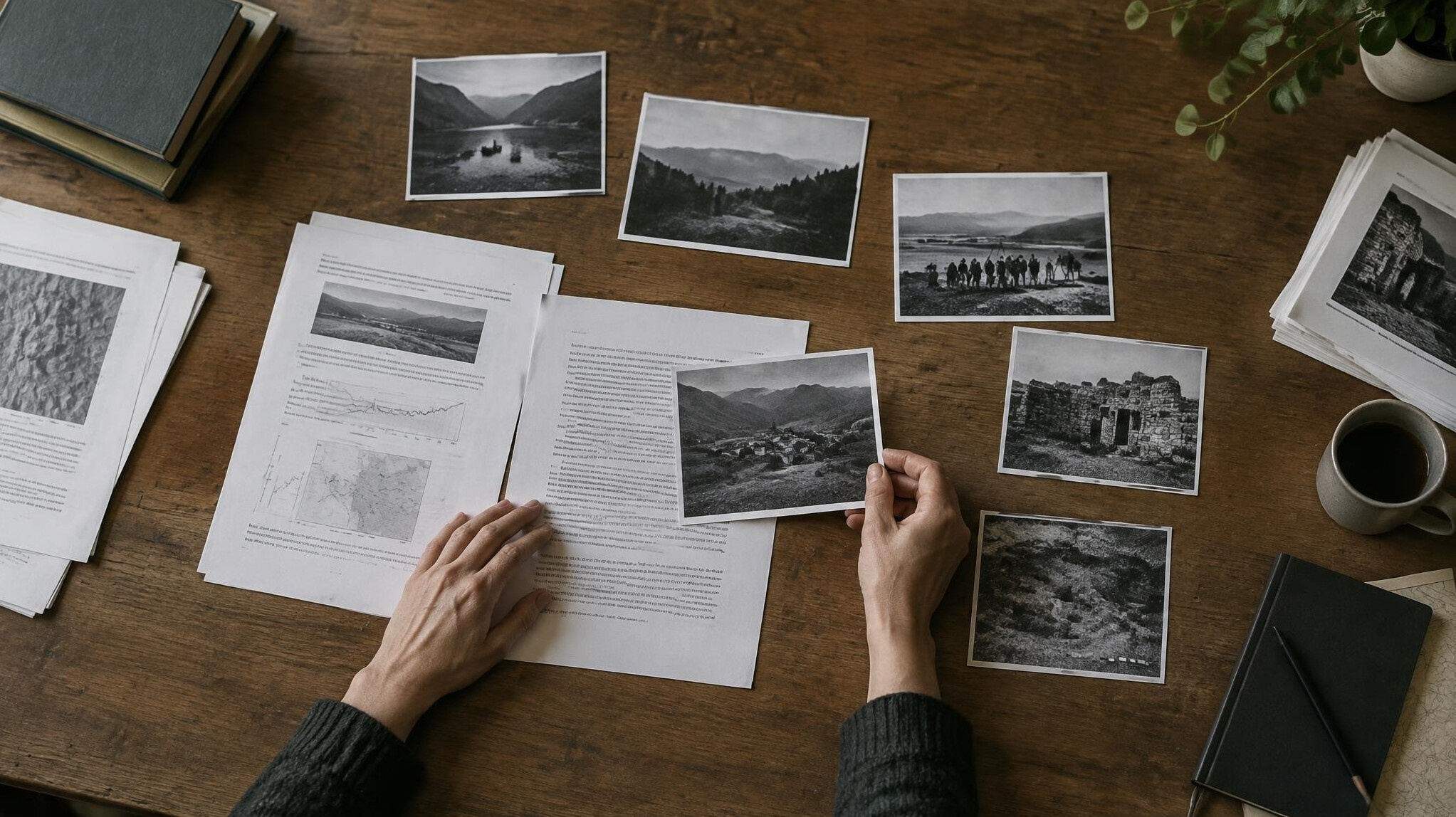Hands arranging printed research papers and photographs on a large table