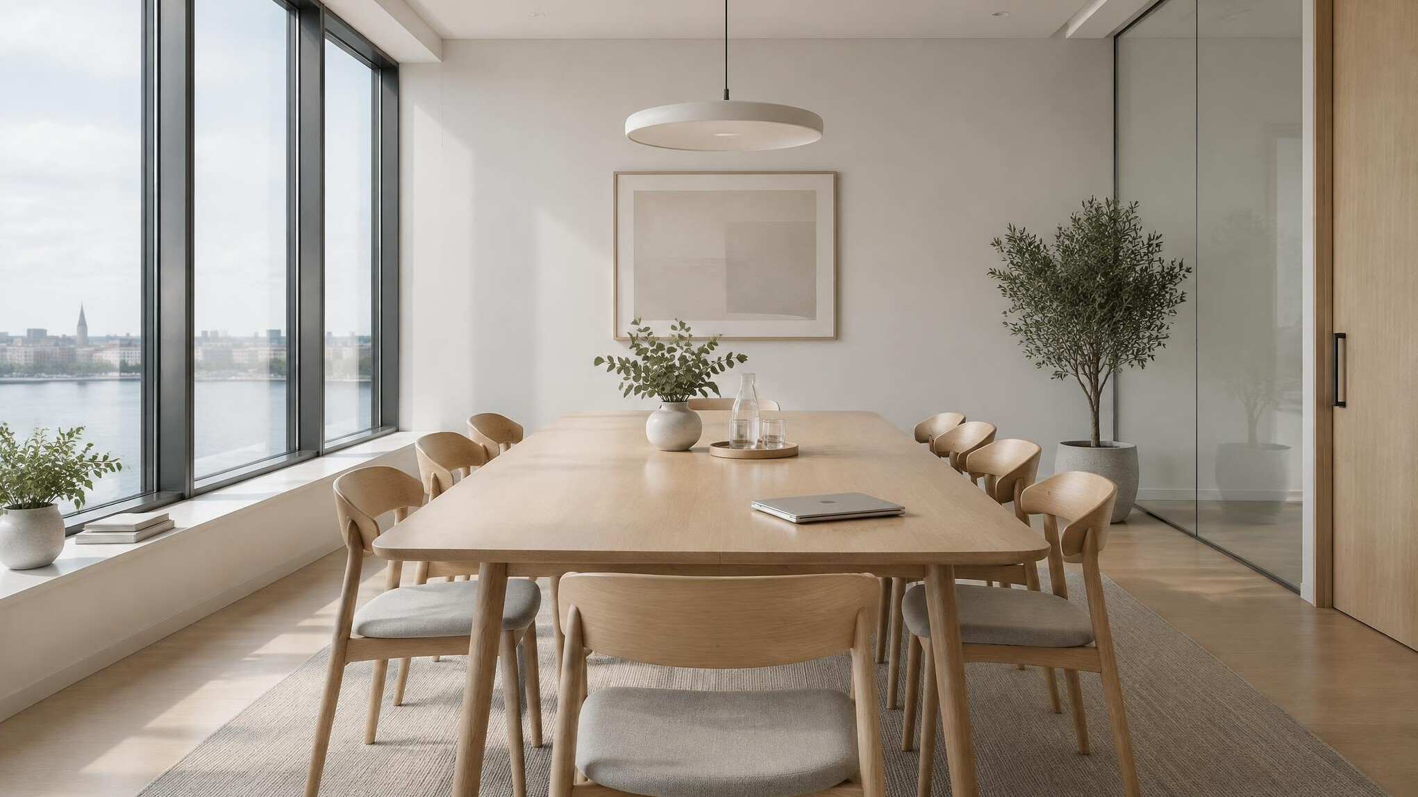 Quiet modern meeting room with large windows and minimalist furniture
