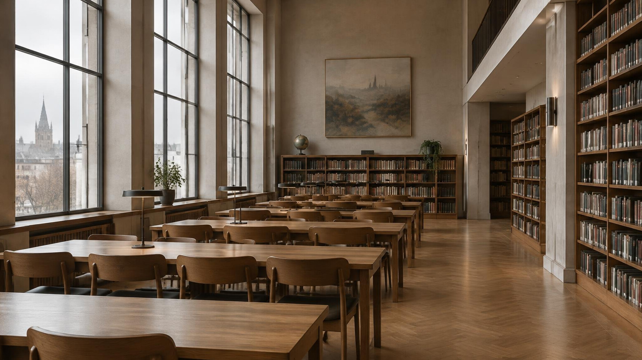 Quiet empty reading room in a European library with wooden chairs and soft daylight