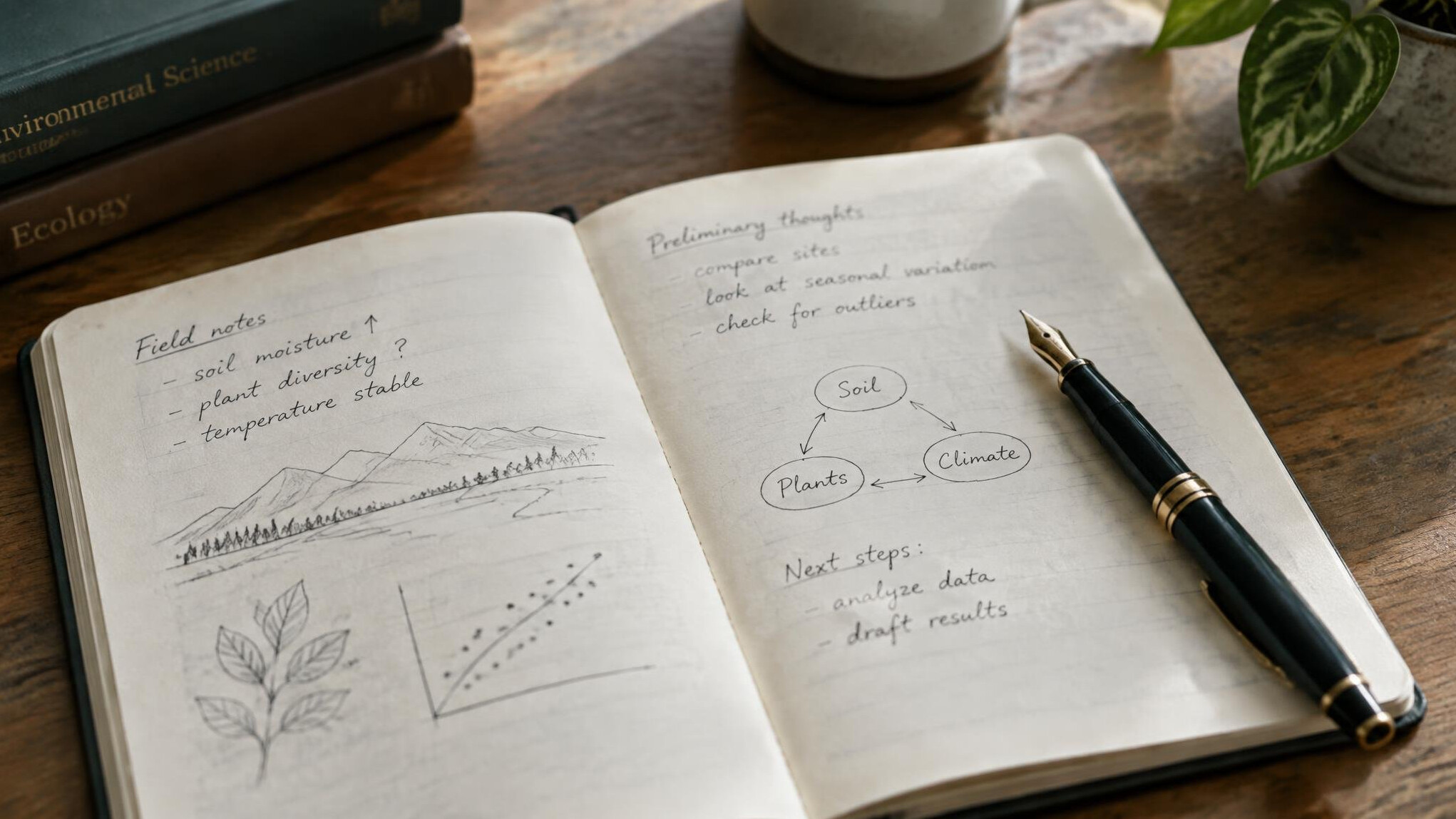 Open notebook with handwritten research notes and a pen on a wooden desk