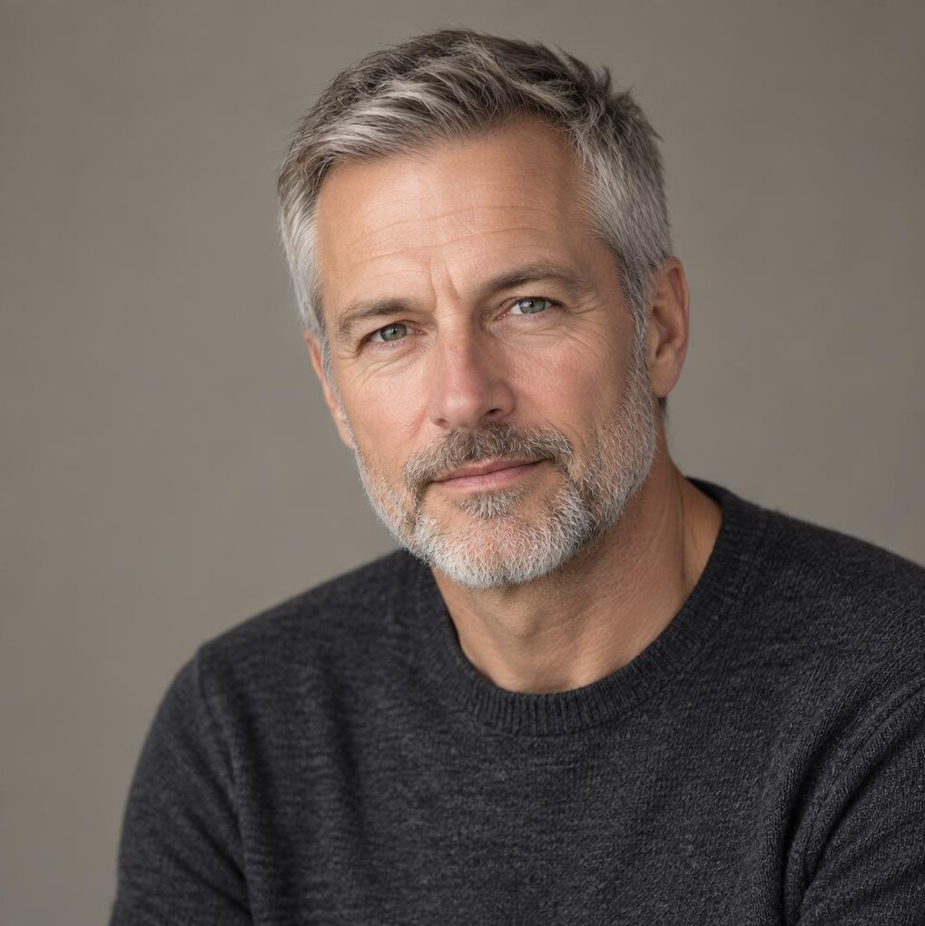 Studio portrait of a German man in his fifties with grey hair and a wool sweater