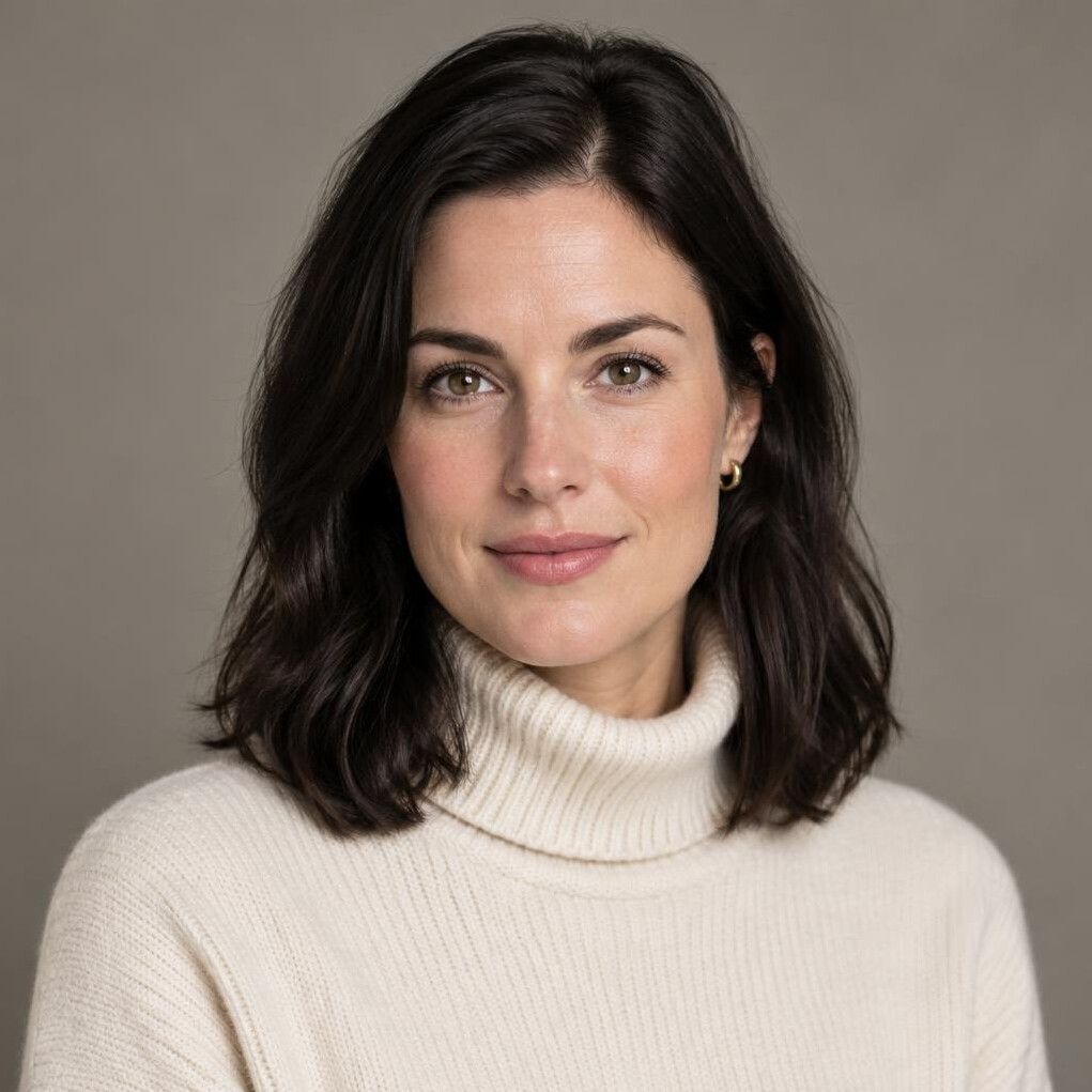Studio portrait of a young German woman with dark hair and a turtleneck sweater
