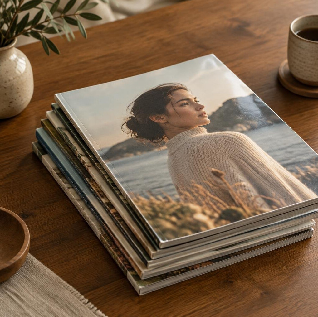 Stack of old glossy magazines on a wooden table
